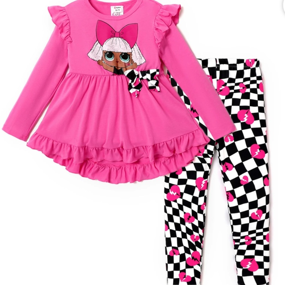 BRAND NEW Girls 11-12Y LOL Pink Ruffle Top with Checkered Leggings